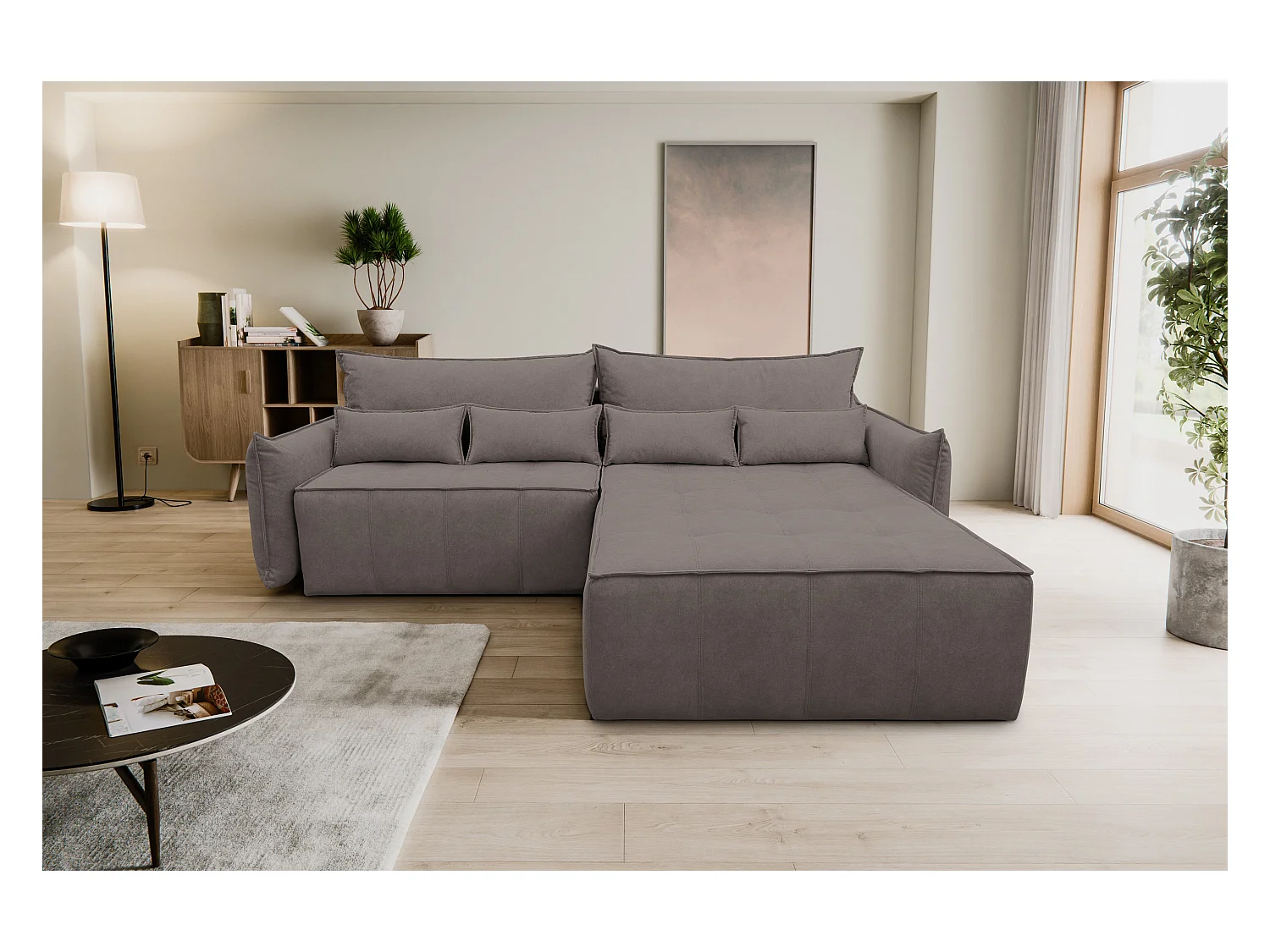 Canapé d'angle Empoli avec fonction couchage et coffre de rangement, couleur : marron, tissu velours, pouf à droite