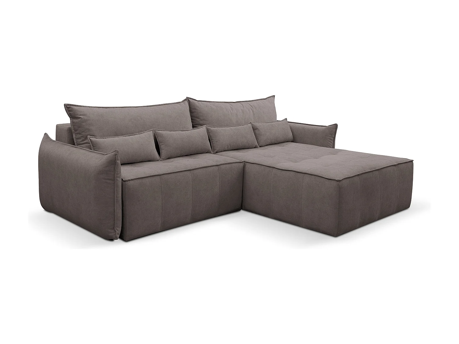 Canapé d'angle Empoli avec fonction couchage et coffre de rangement, couleur : marron, tissu velours, pouf à droite