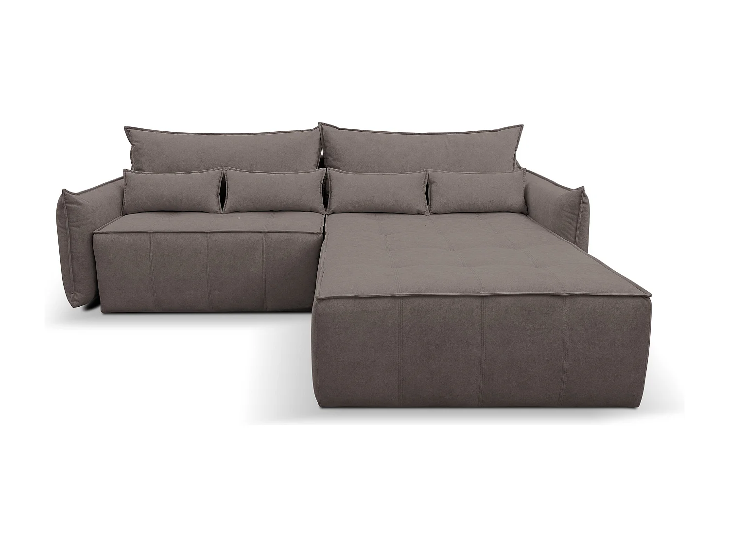 Canapé d'angle Empoli avec fonction couchage et coffre de rangement, couleur : marron, tissu velours, pouf à droite