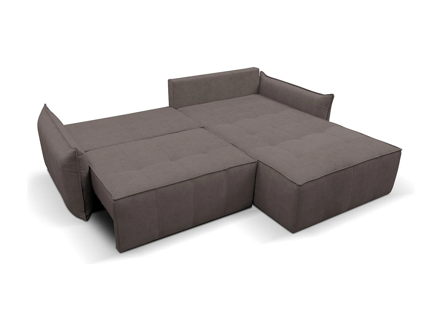 Canapé d'angle Empoli avec fonction couchage et coffre de rangement, couleur : marron, tissu velours, pouf à droite