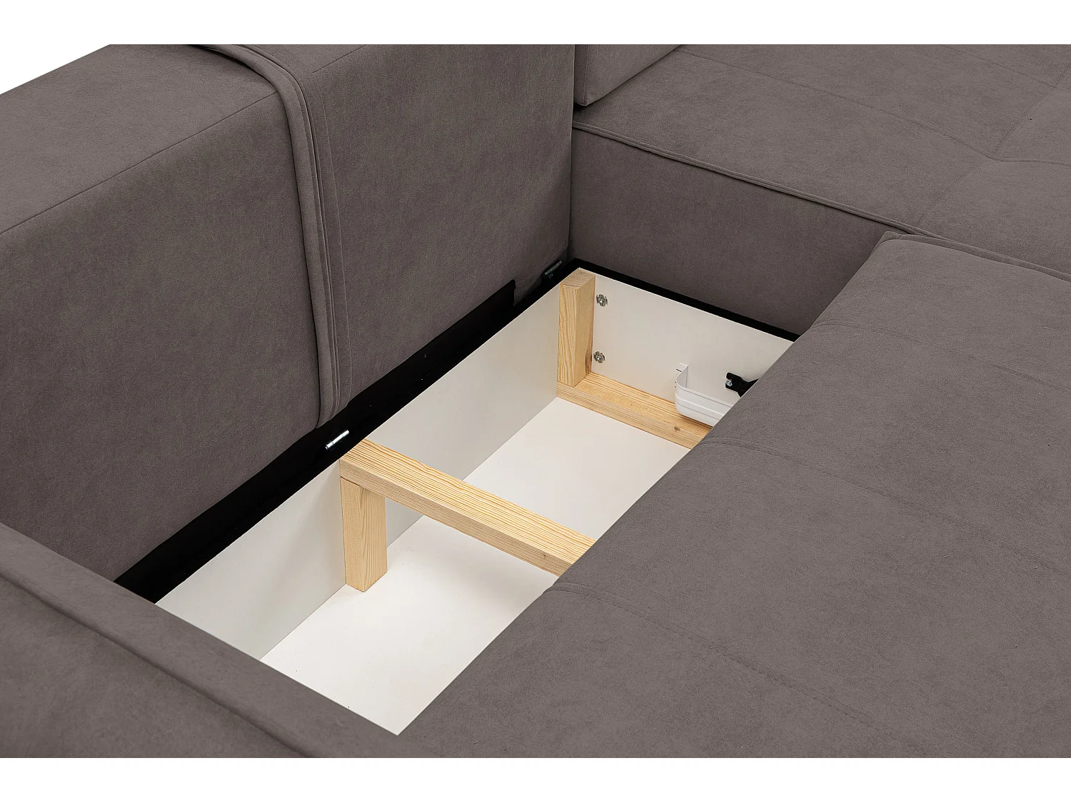 Canapé d'angle Empoli avec fonction couchage et coffre de rangement, couleur : marron, tissu velours, pouf à droite