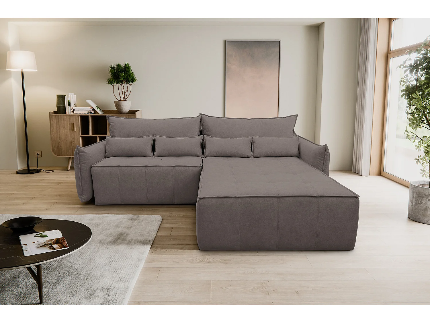 Canapé d'angle Empoli avec fonction couchage et coffre de rangement, couleur : marron, tissu velours, pouf à droite