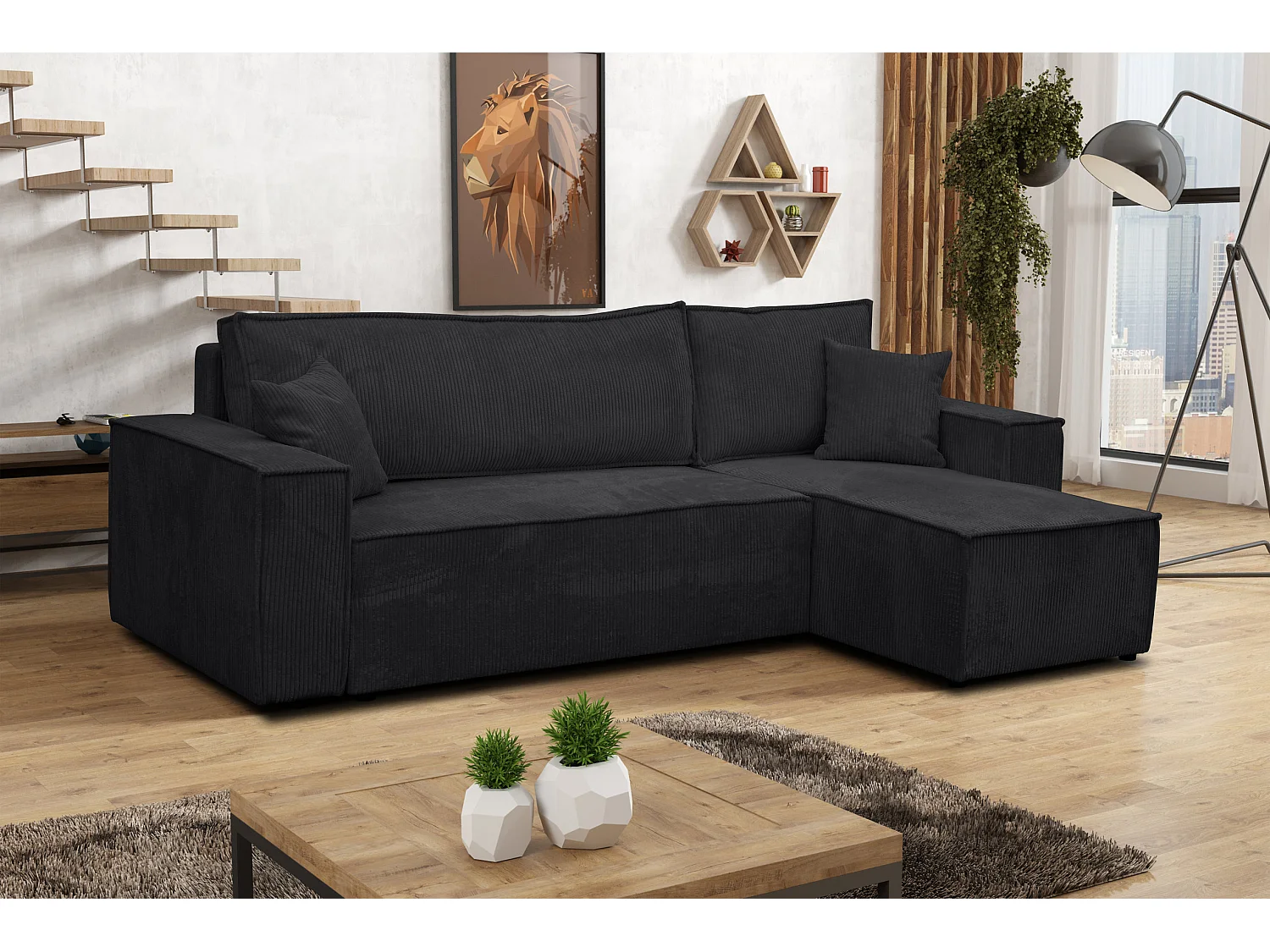 Canapé d'angle Hugo L avec fonction couchage et coffre de rangement, couleur : noir, tissu cordé, pouf universel