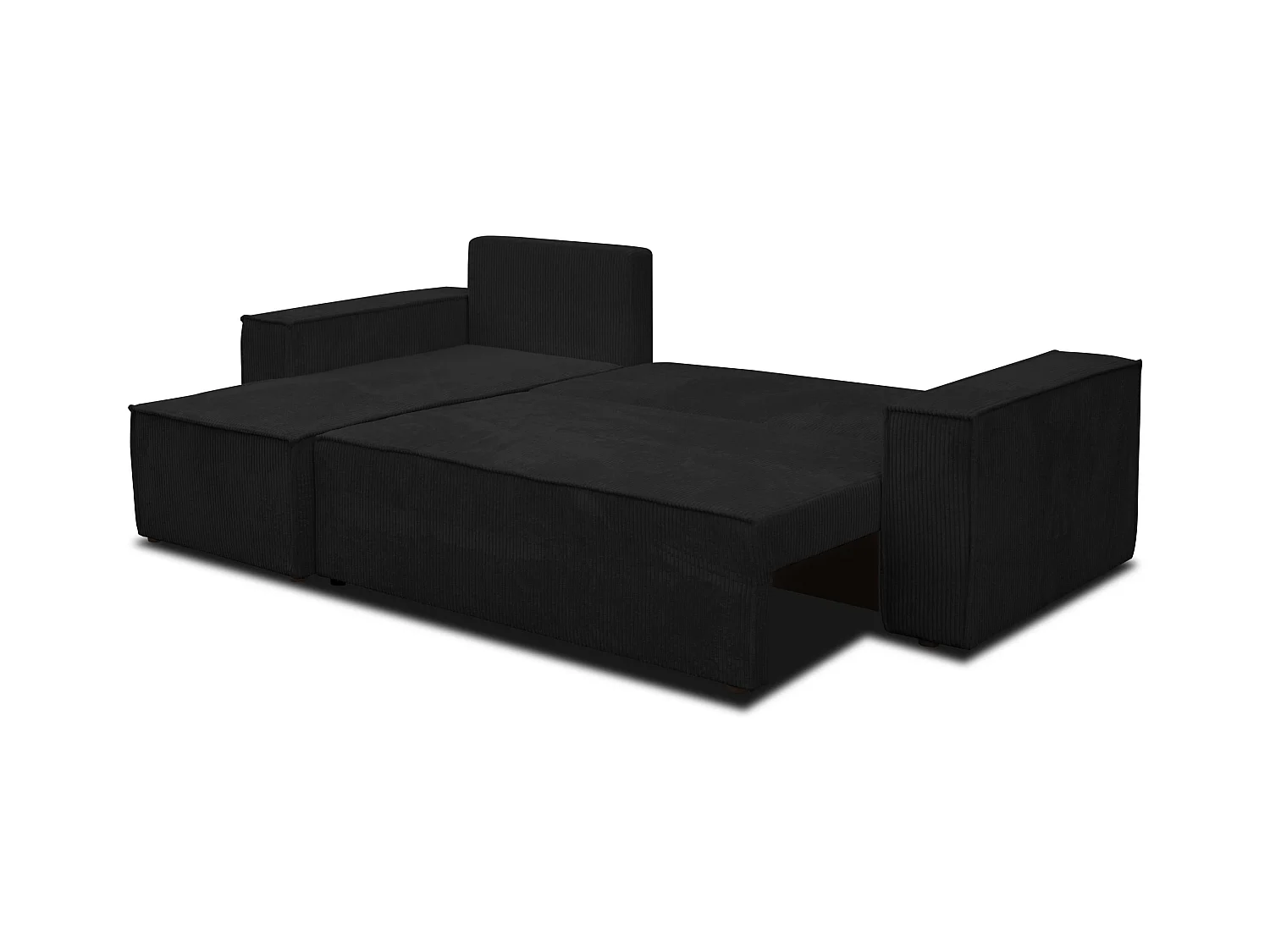 Canapé d'angle Hugo L avec fonction couchage et coffre de rangement, couleur : noir, tissu cordé, pouf universel