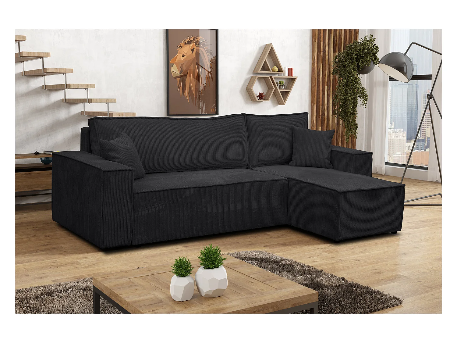 Canapé d'angle Hugo L avec fonction couchage et coffre de rangement, couleur : noir, tissu cordé, pouf universel