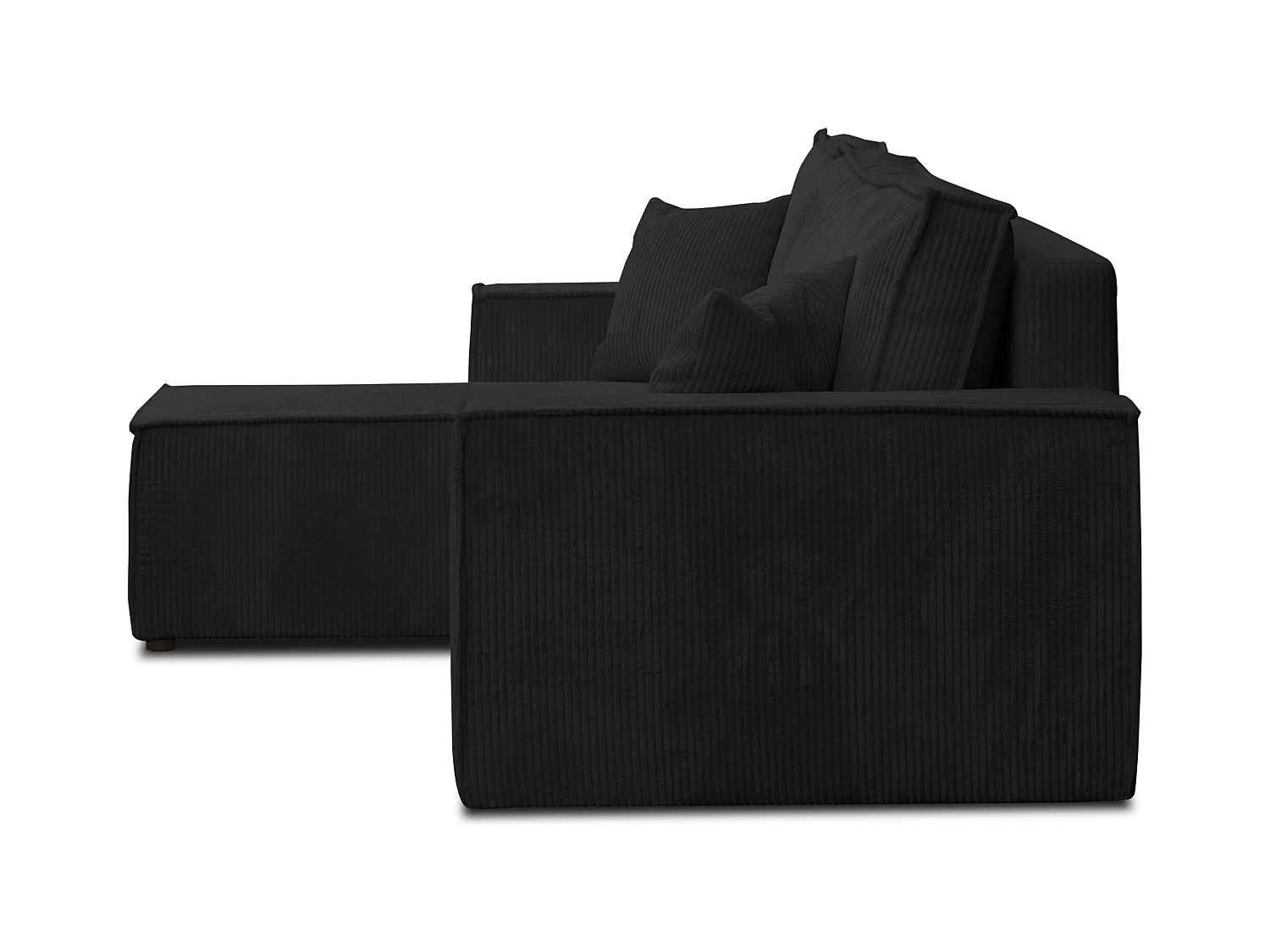 Canapé d'angle Hugo L avec fonction couchage et coffre de rangement, couleur : noir, tissu cordé, pouf universel