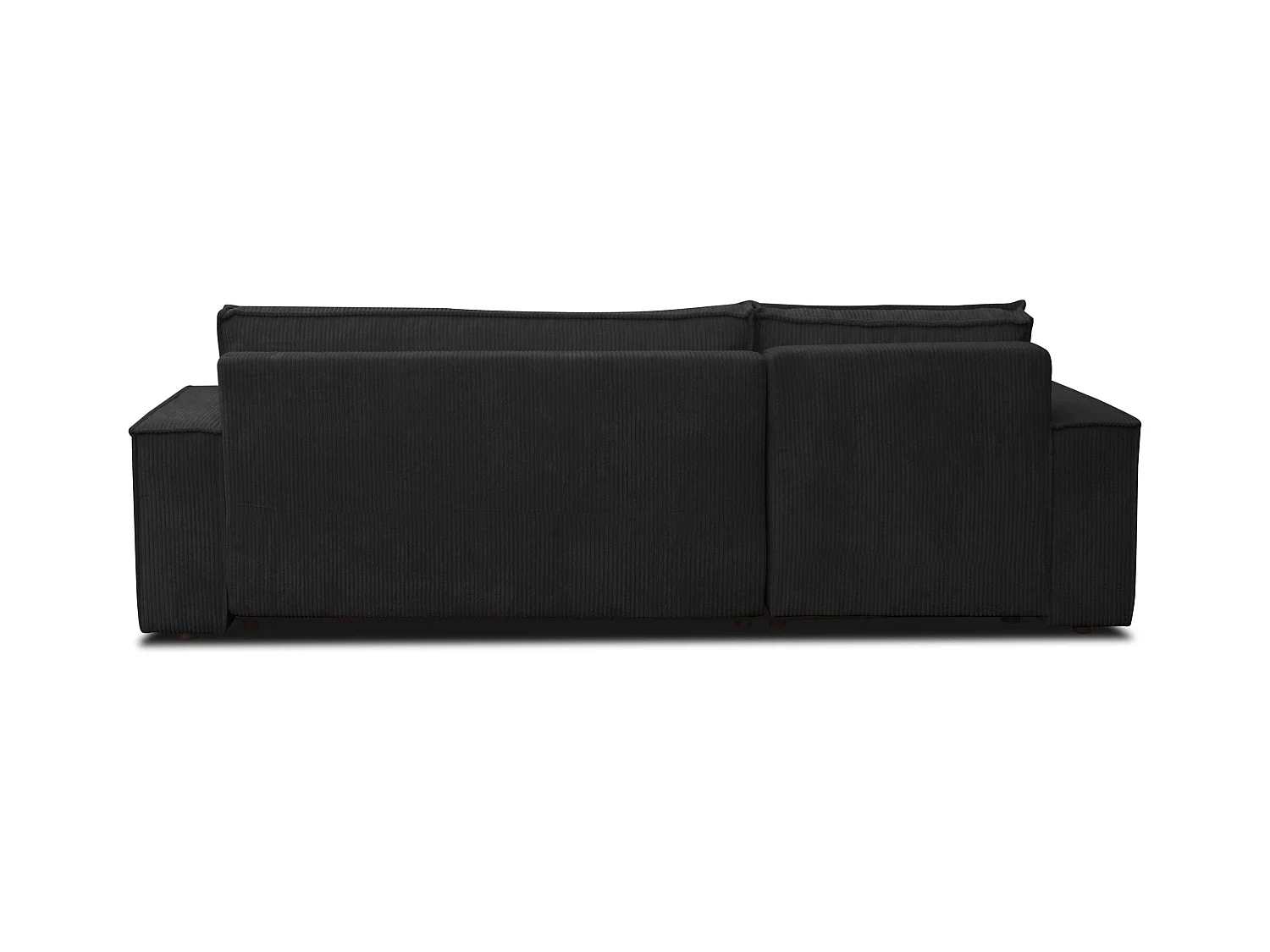Canapé d'angle Hugo L avec fonction couchage et coffre de rangement, couleur : noir, tissu cordé, pouf universel