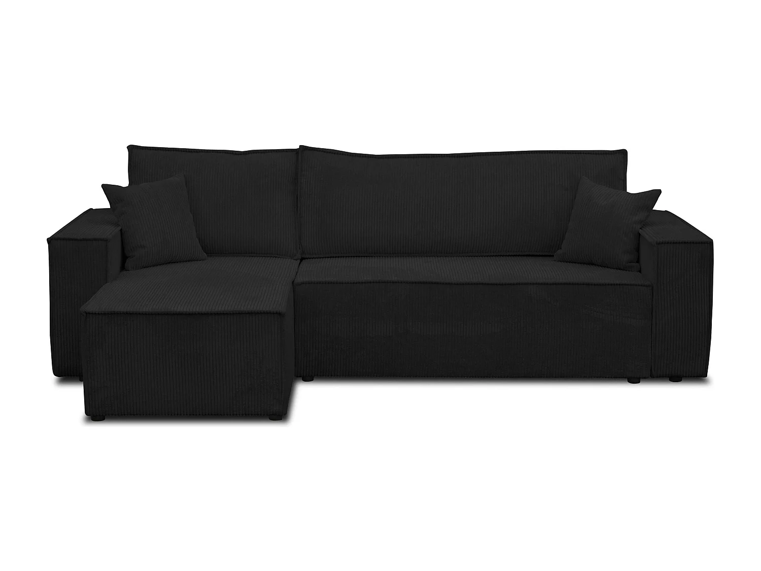 Canapé d'angle Hugo L avec fonction couchage et coffre de rangement, couleur : noir, tissu cordé, pouf universel