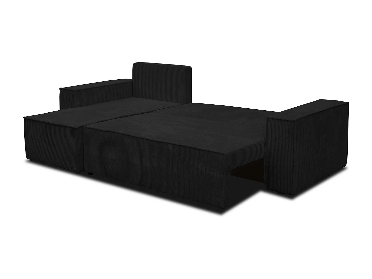 Canapé d'angle Hugo L avec fonction couchage et coffre de rangement, couleur : noir, tissu cordé, pouf universel