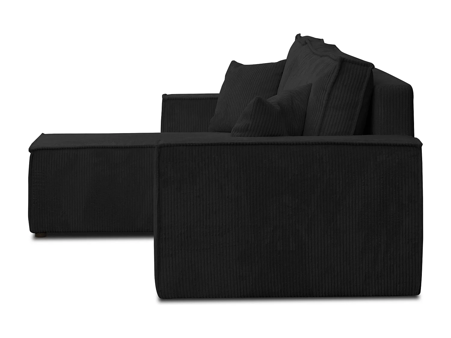 Canapé d'angle Hugo L avec fonction couchage et coffre de rangement, couleur : noir, tissu cordé, pouf universel