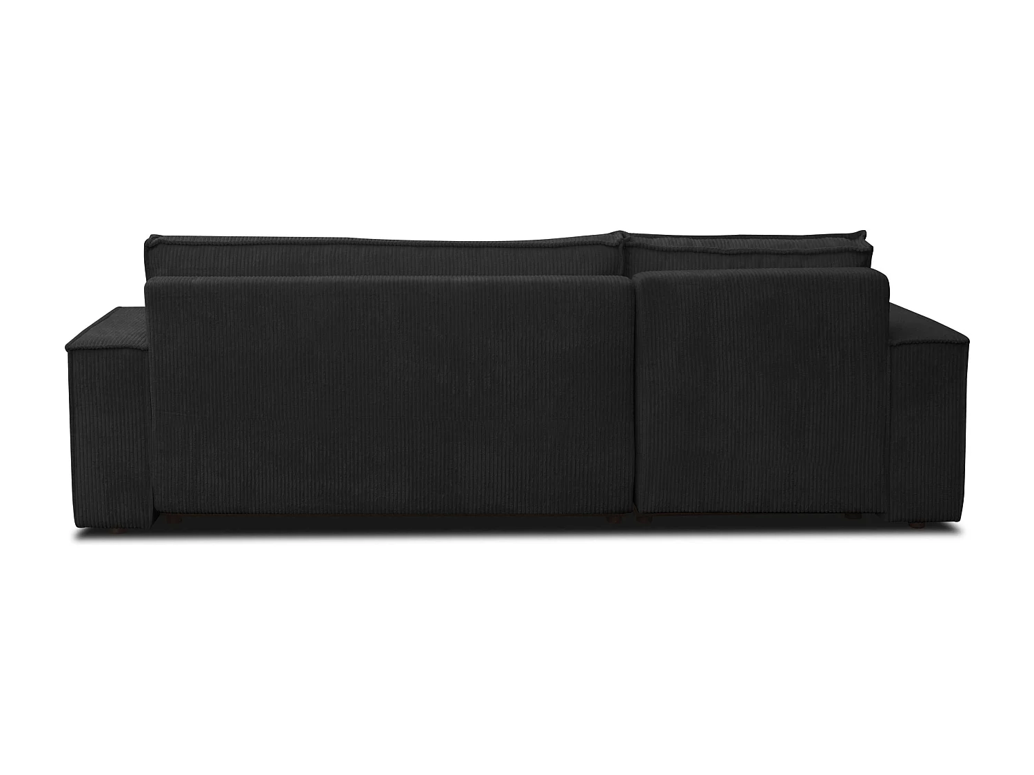 Canapé d'angle Hugo L avec fonction couchage et coffre de rangement, couleur : noir, tissu cordé, pouf universel