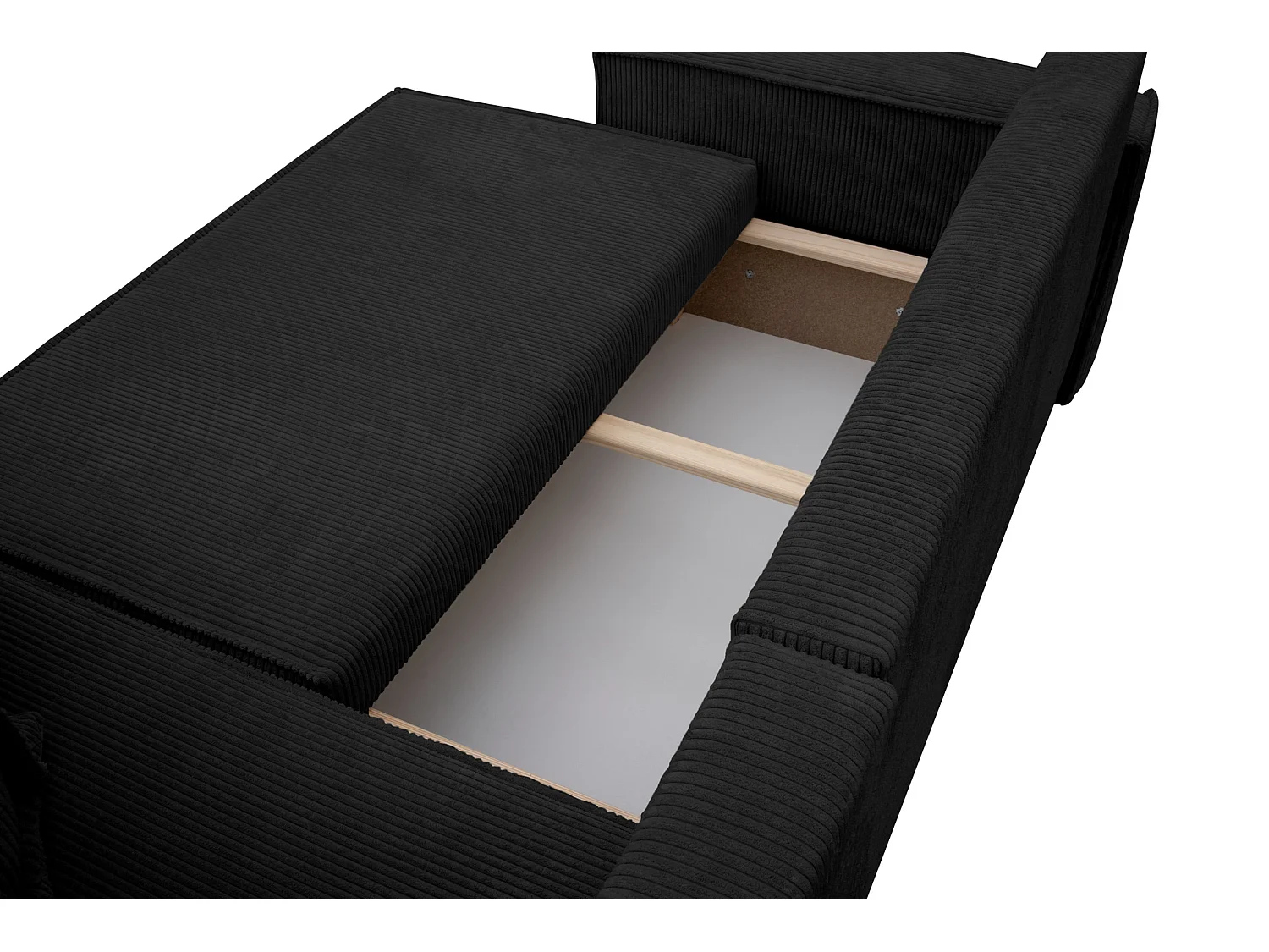 Hoekbank Hugo L, hoekbank in L-vorm met slaapfunctie en bedbak, kleur: zwart, corduroy, ottomane Unsiversal