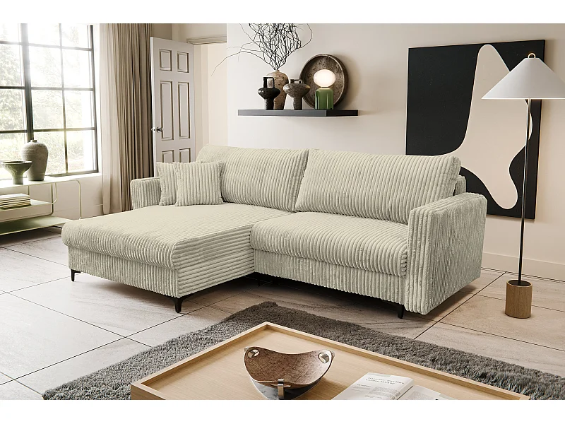 Canapé d'angle Como avec fonction couchage et coffre de rangement, couleur : beige, tissu cordé, pouf à gauche