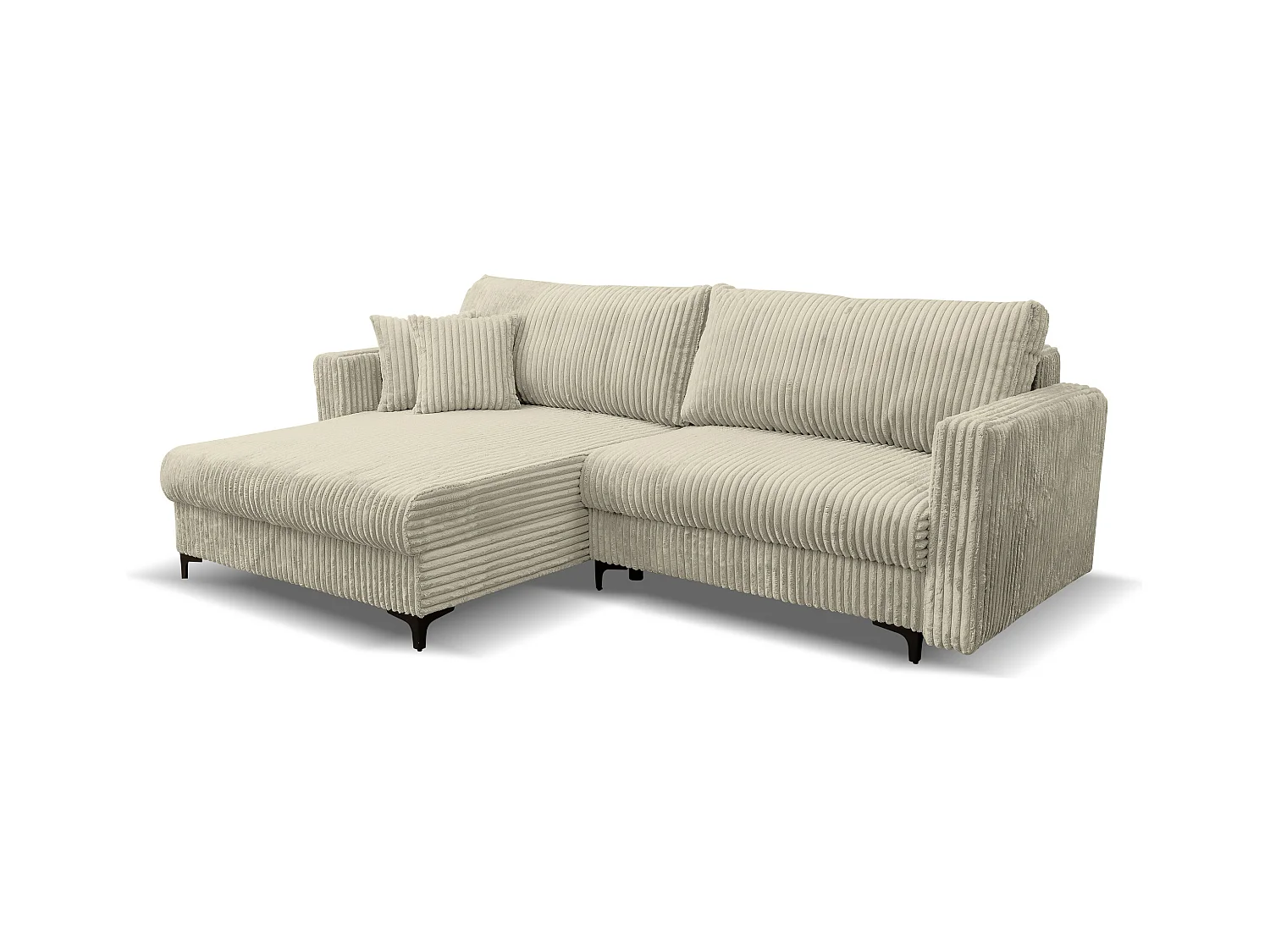 Canapé d'angle Como avec fonction couchage et coffre de rangement, couleur : beige, tissu cordé, pouf à gauche