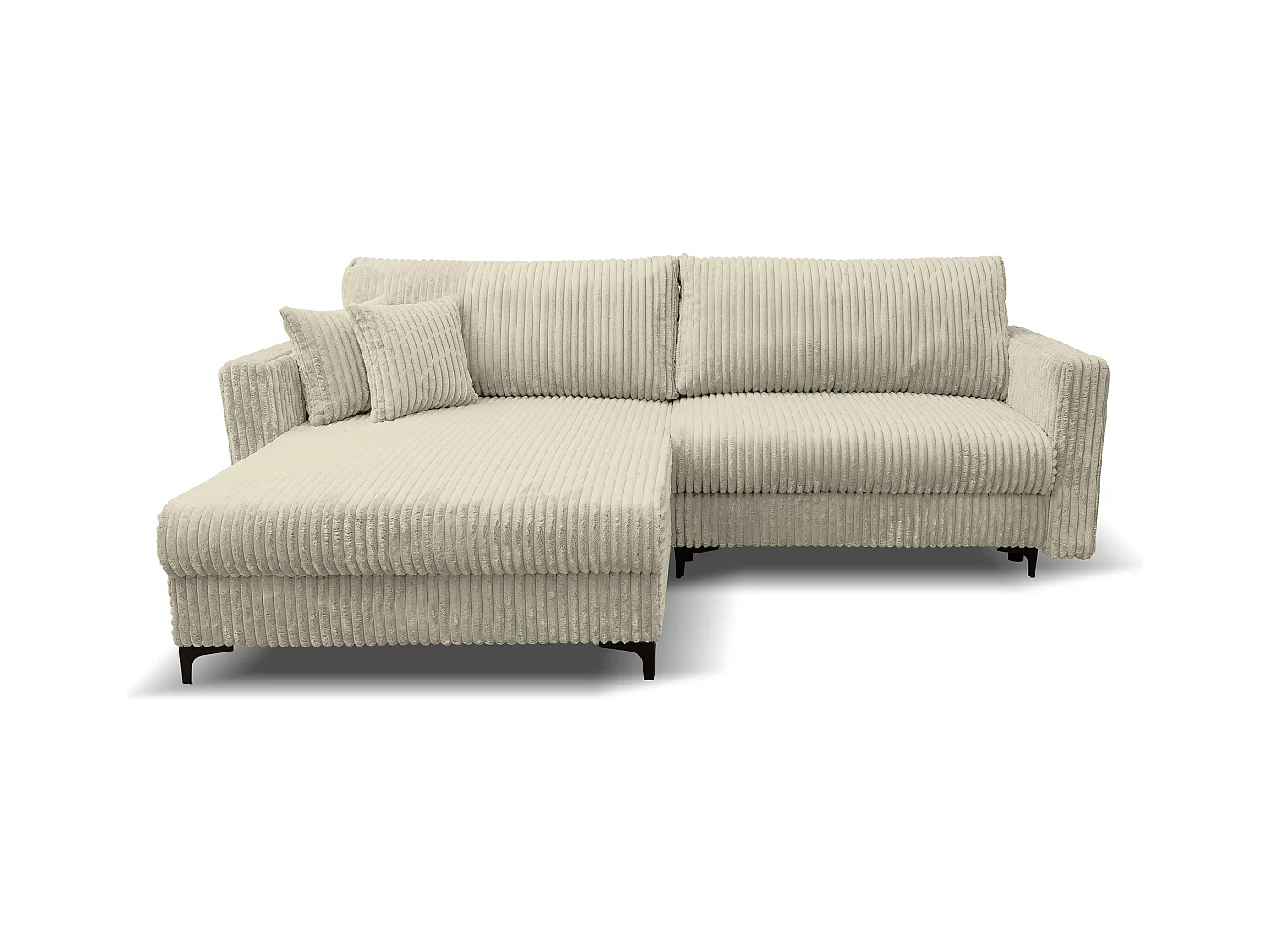 Canapé d'angle Como avec fonction couchage et coffre de rangement, couleur : beige, tissu cordé, pouf à gauche