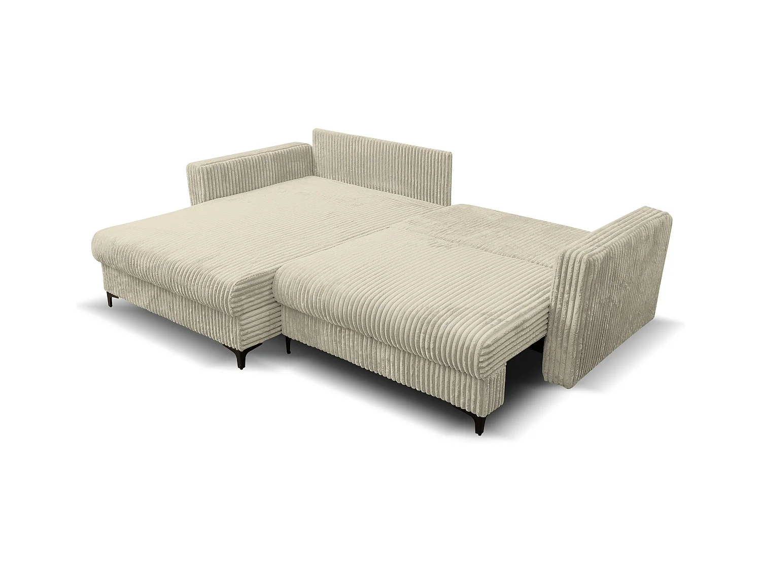 Canapé d'angle Como avec fonction couchage et coffre de rangement, couleur : beige, tissu cordé, pouf à gauche