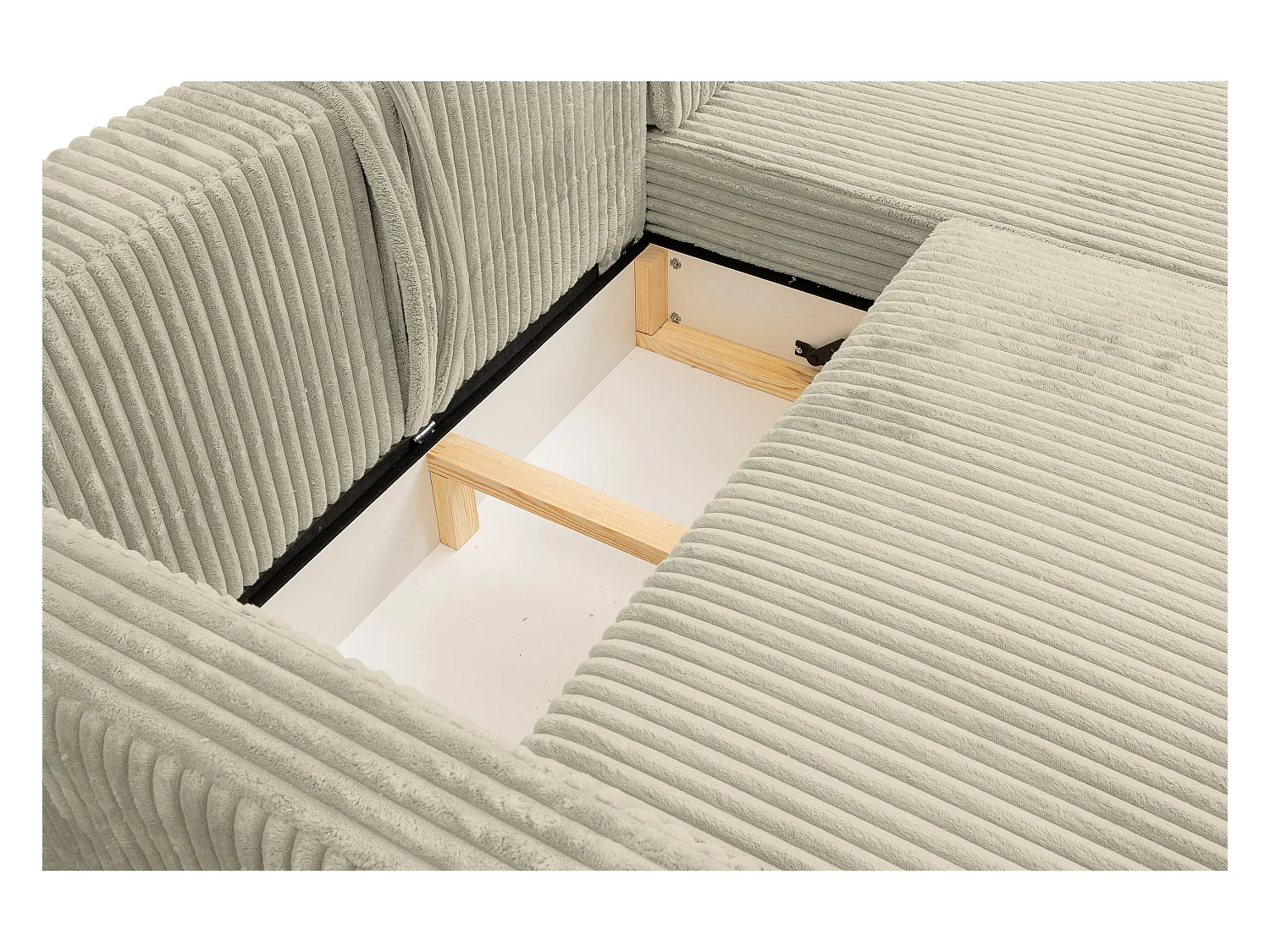 Canapé d'angle Como avec fonction couchage et coffre de rangement, couleur : beige, tissu cordé, pouf à gauche