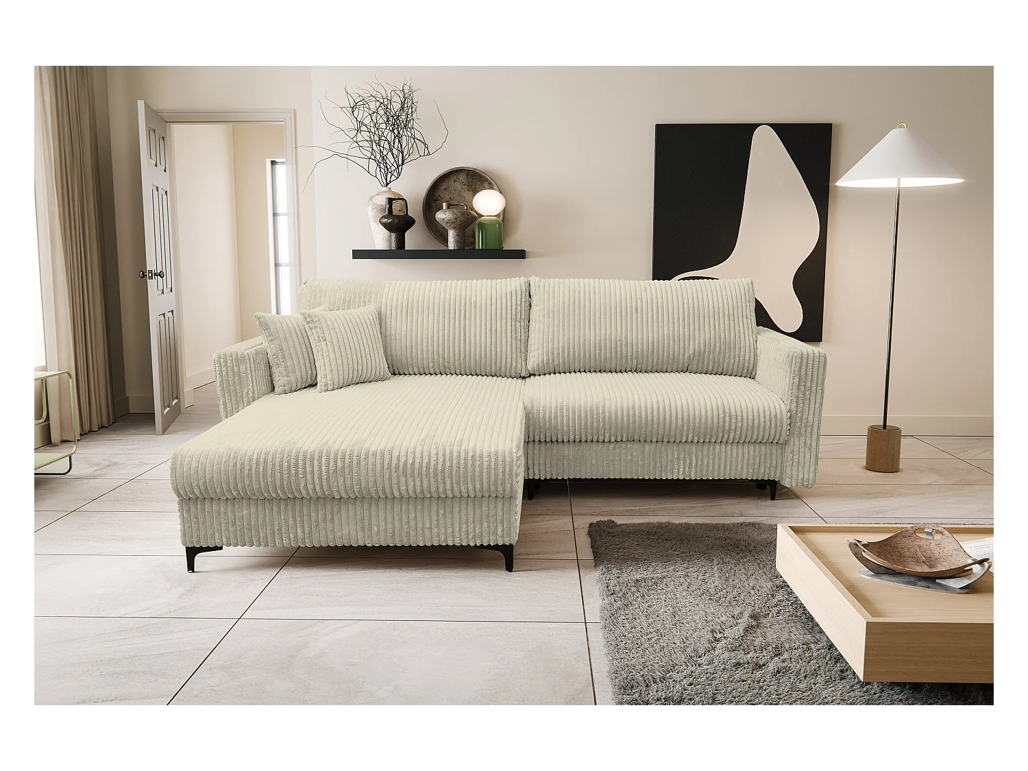 Canapé d'angle Como avec fonction couchage et coffre de rangement, couleur : beige, tissu cordé, pouf à gauche