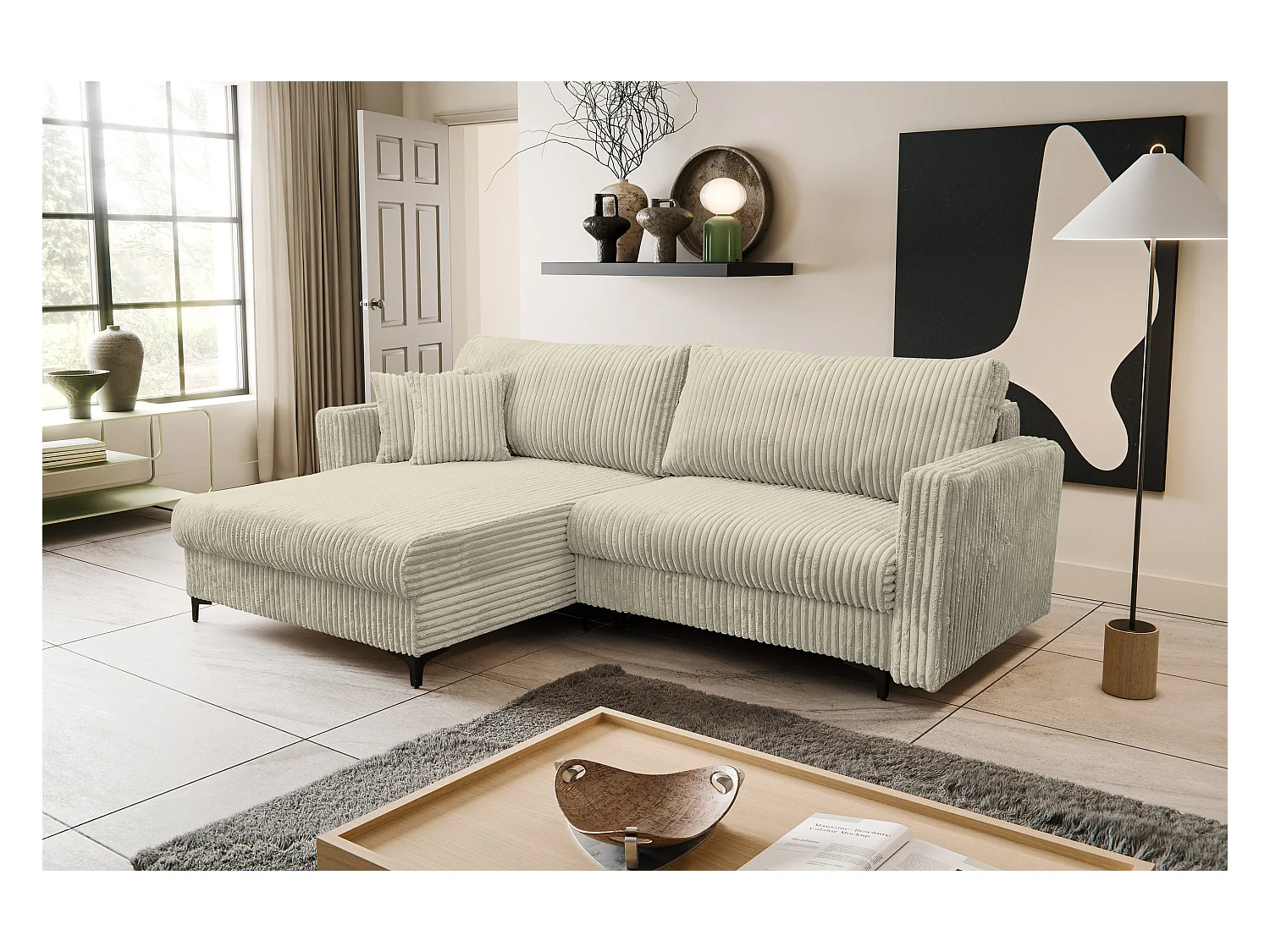 Canapé d'angle Como avec fonction couchage et coffre de rangement, couleur : beige, tissu cordé, pouf à gauche