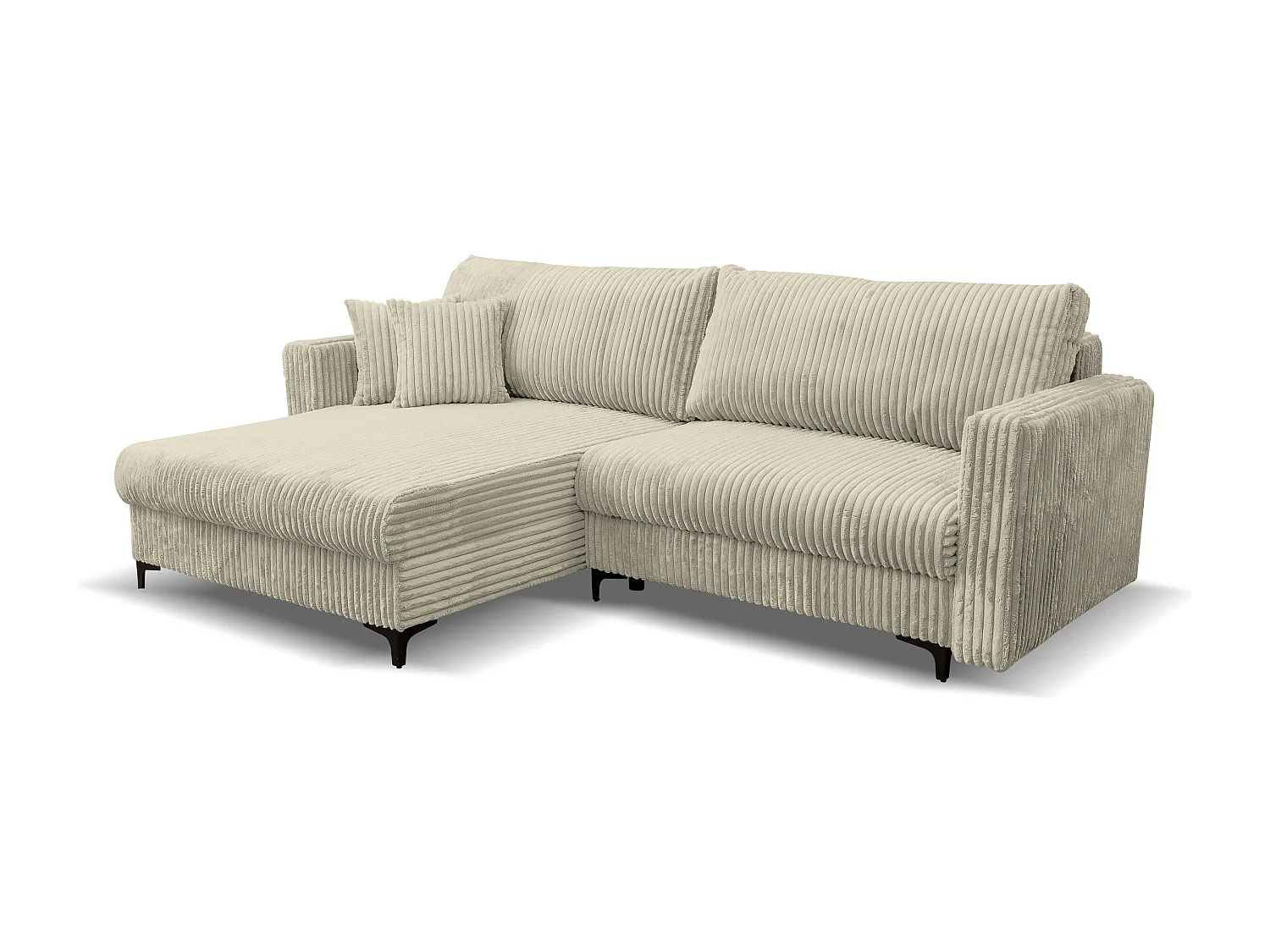 Canapé d'angle Como avec fonction couchage et coffre de rangement, couleur : beige, tissu cordé, pouf à gauche