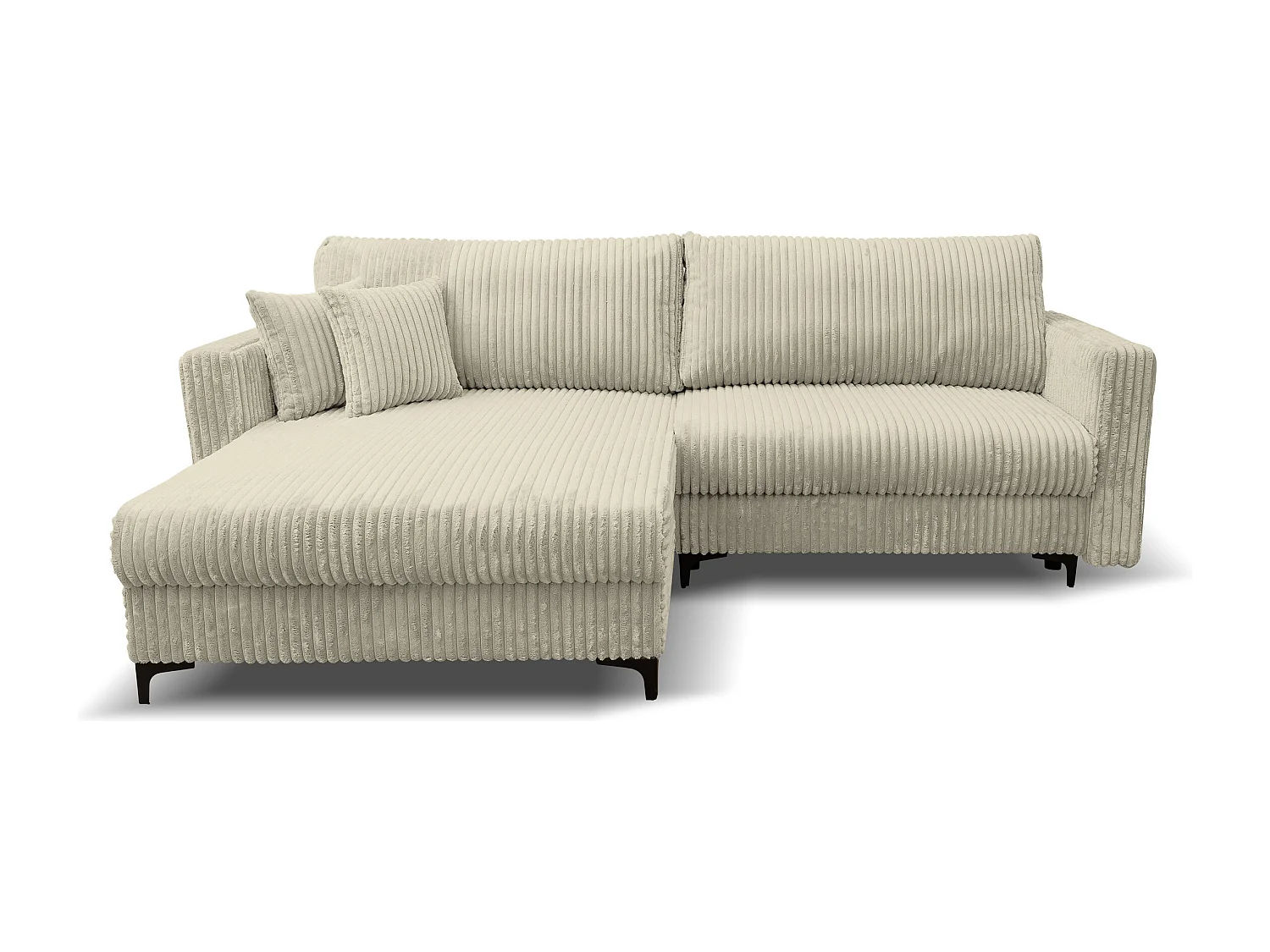 Canapé d'angle Como avec fonction couchage et coffre de rangement, couleur : beige, tissu cordé, pouf à gauche