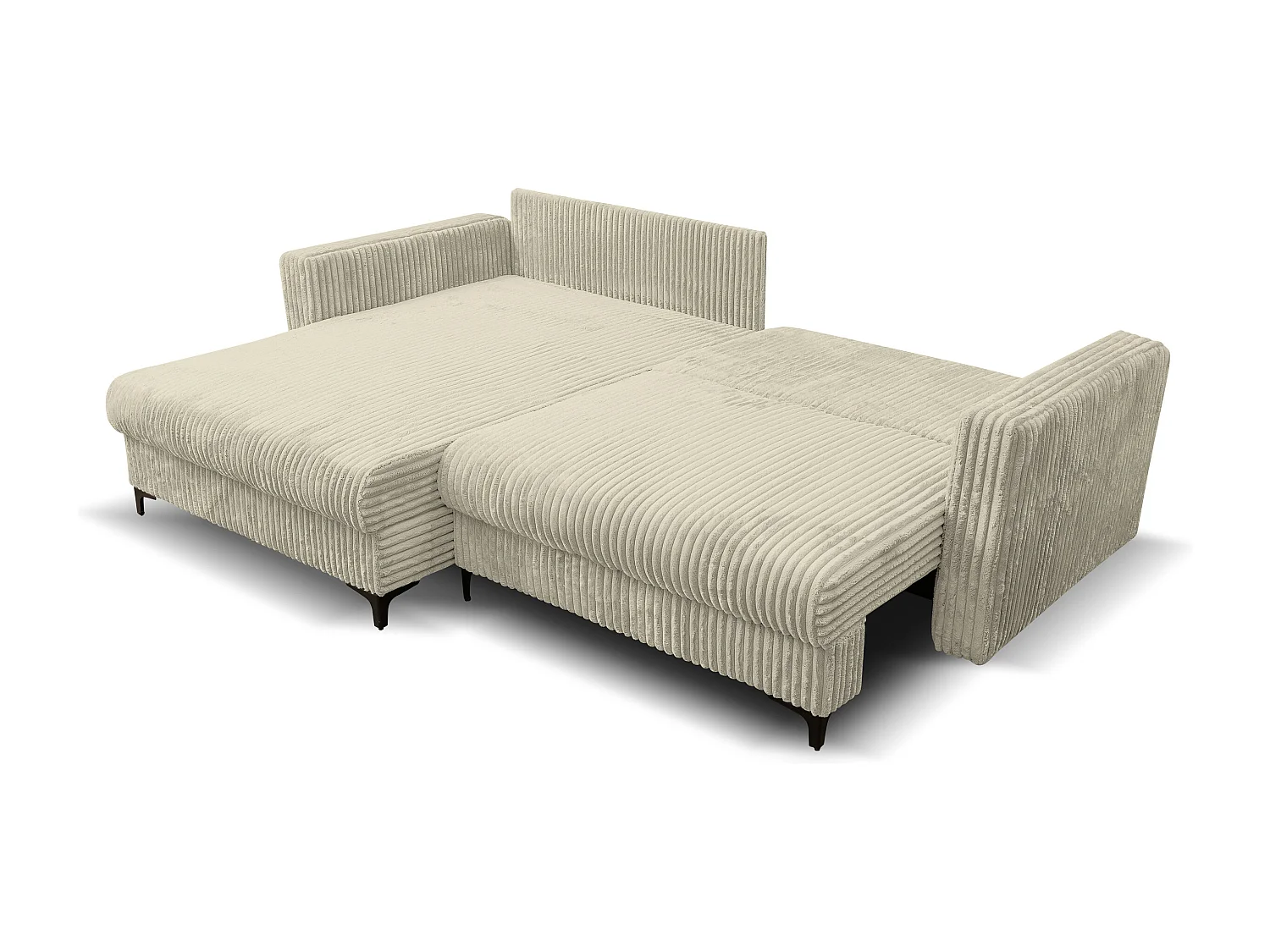 Canapé d'angle Como avec fonction couchage et coffre de rangement, couleur : beige, tissu cordé, pouf à gauche