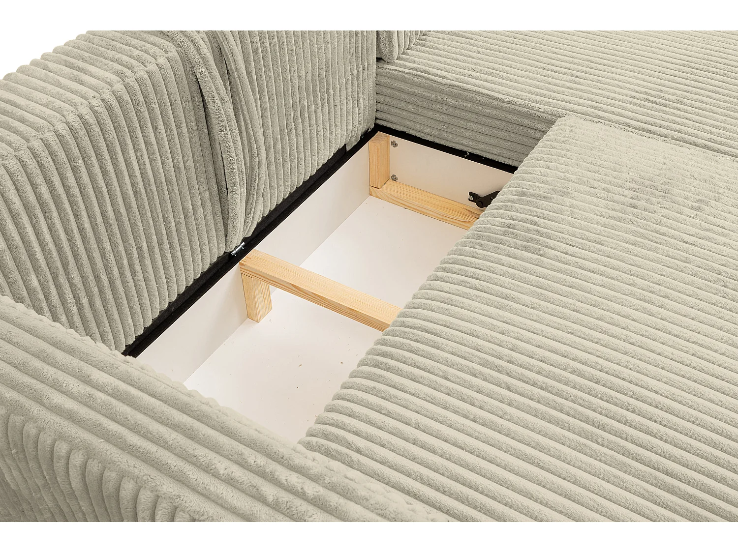 Canapé d'angle Como avec fonction couchage et coffre de rangement, couleur : beige, tissu cordé, pouf à gauche