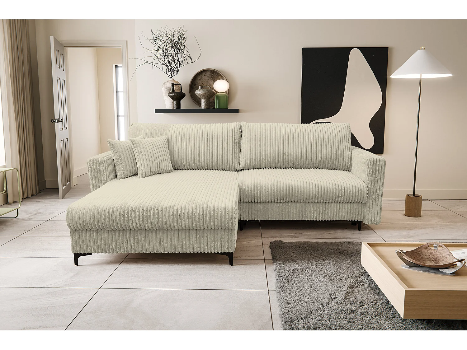 Canapé d'angle Como avec fonction couchage et coffre de rangement, couleur : beige, tissu cordé, pouf à gauche