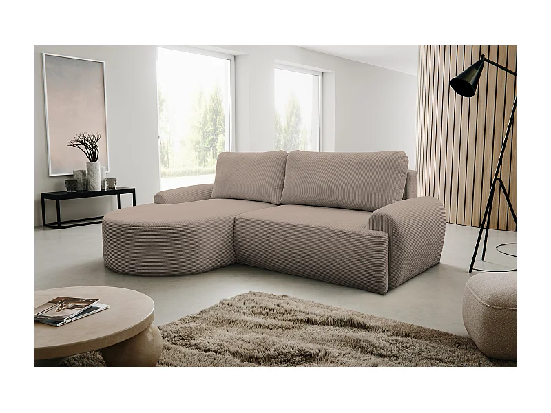 Ecksofa Dream Cord, Eckcouch in L-Form mit Schlaffunktion und Bettkasten, Farbe: Braun, Cordstoff, Ottomane Links