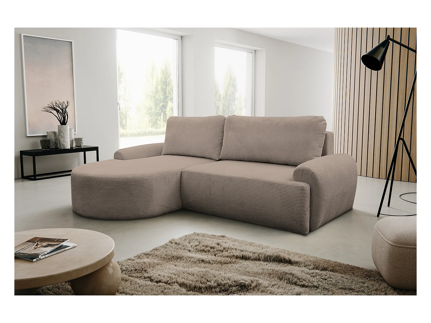 Canapé d'angle Dream Cord avec fonction couchage et coffre de rangement, couleur : marron, tissu cordé, pouf à gauche