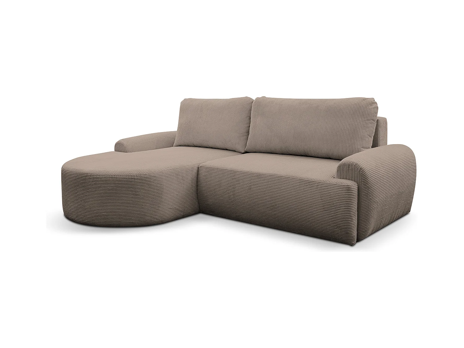 Canapé d'angle Dream Cord avec fonction couchage et coffre de rangement, couleur : marron, tissu cordé, pouf à gauche