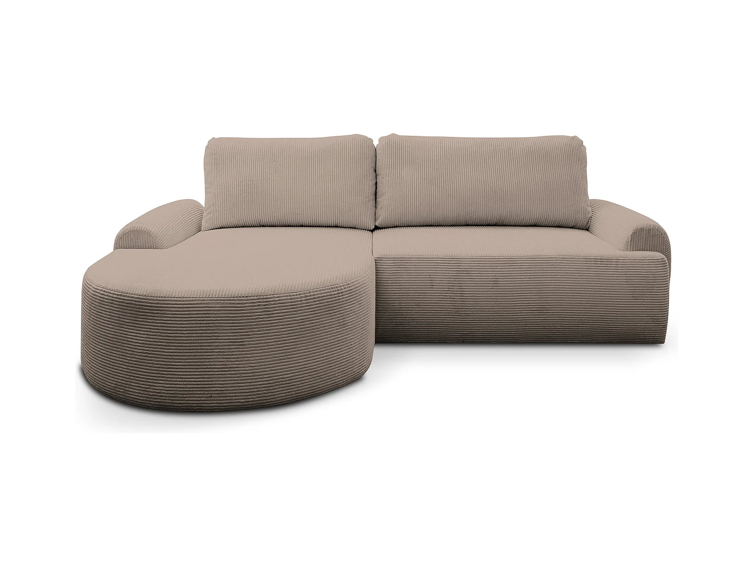 Canapé d'angle Dream Cord avec fonction couchage et coffre de rangement, couleur : marron, tissu cordé, pouf à gauche