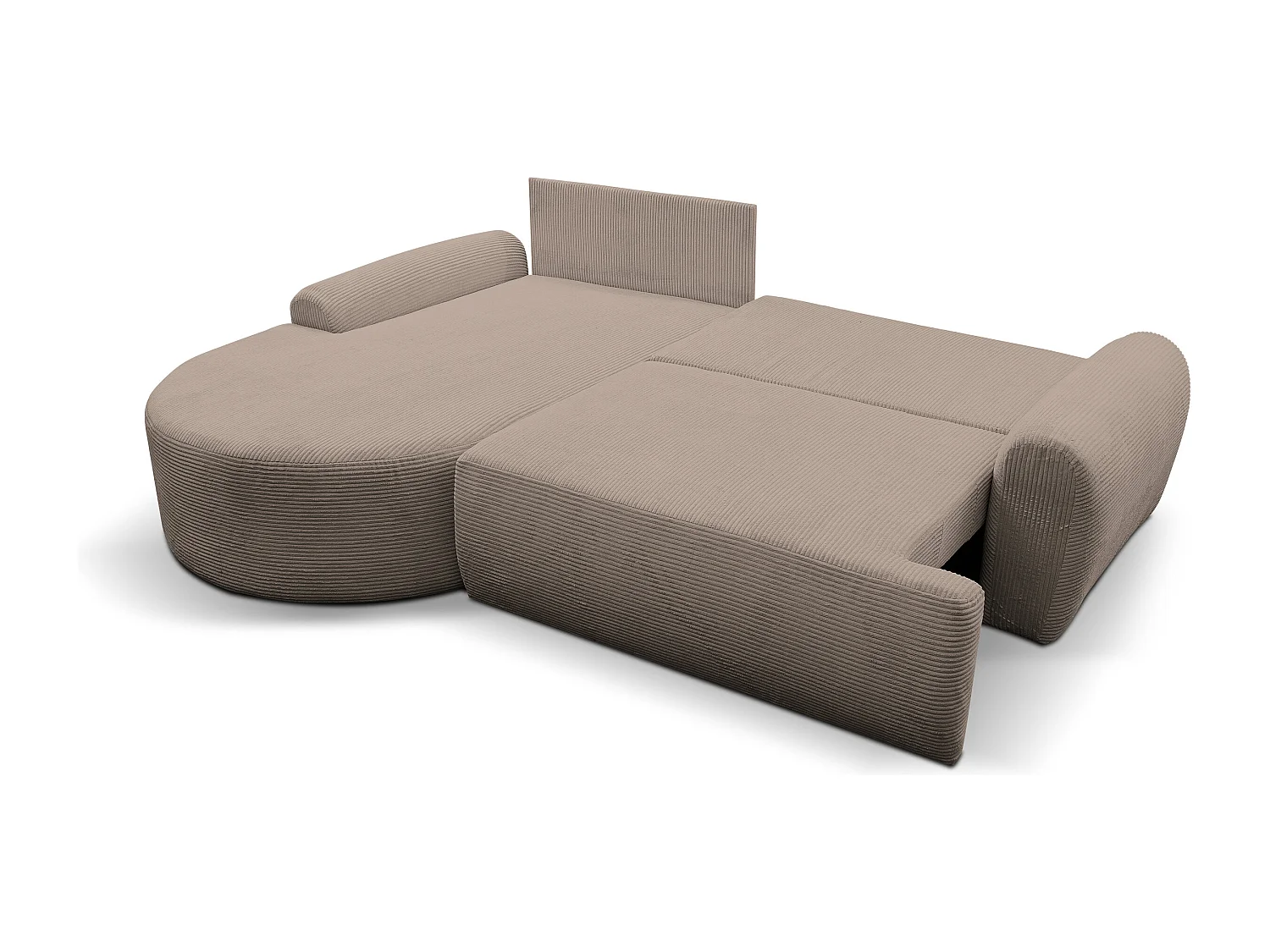 Canapé d'angle Dream Cord avec fonction couchage et coffre de rangement, couleur : marron, tissu cordé, pouf à gauche