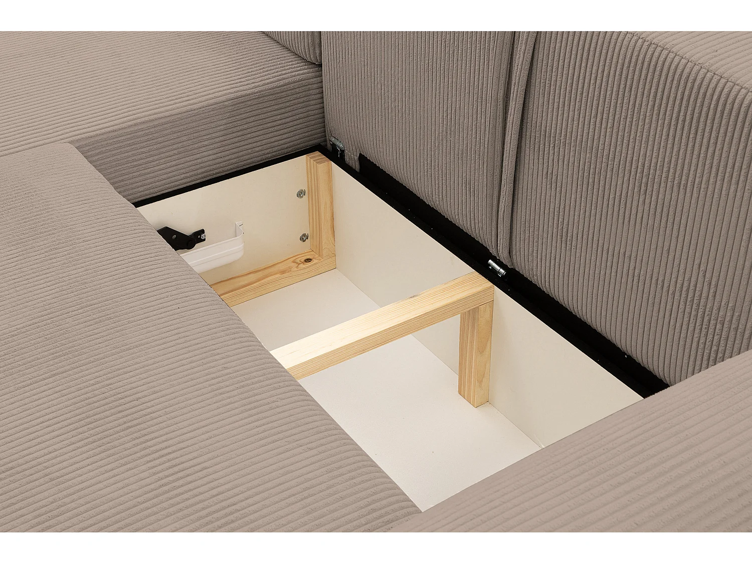 Canapé d'angle Dream Cord avec fonction couchage et coffre de rangement, couleur : marron, tissu cordé, pouf à gauche