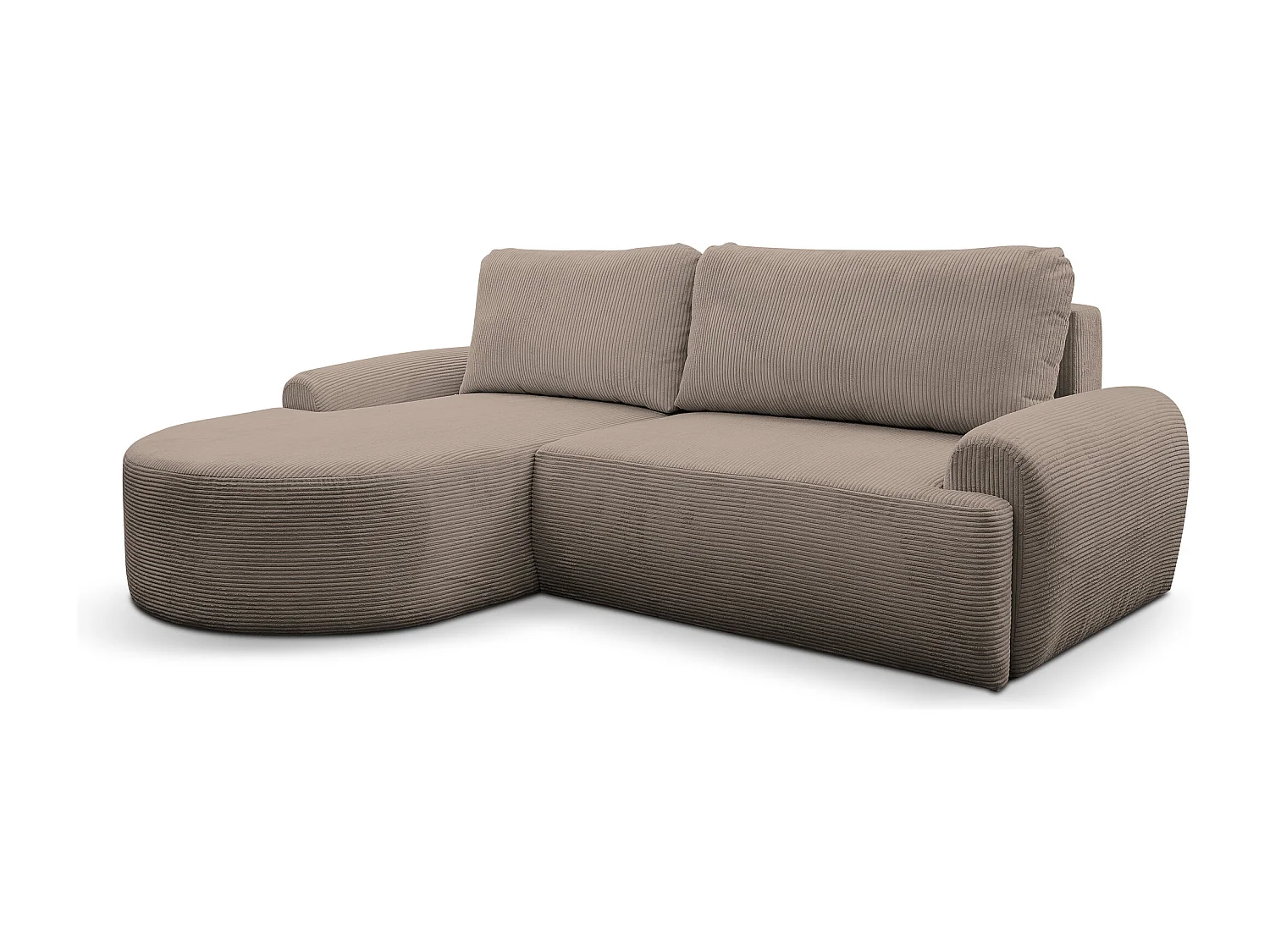 Canapé d'angle Dream Cord avec fonction couchage et coffre de rangement, couleur : marron, tissu cordé, pouf à gauche