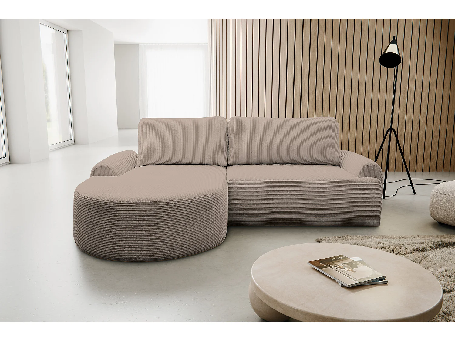 Canapé d'angle Dream Cord avec fonction couchage et coffre de rangement, couleur : marron, tissu cordé, pouf à gauche