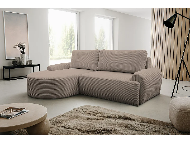 Canapé d'angle Dream Cord avec fonction couchage et coffre de rangement, couleur : marron, tissu cordé, pouf à gauche