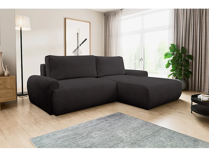 Canapé d'angle Moon avec fonction couchage et coffre de rangement, couleur : noir, tissu bouclé, pouf à droite