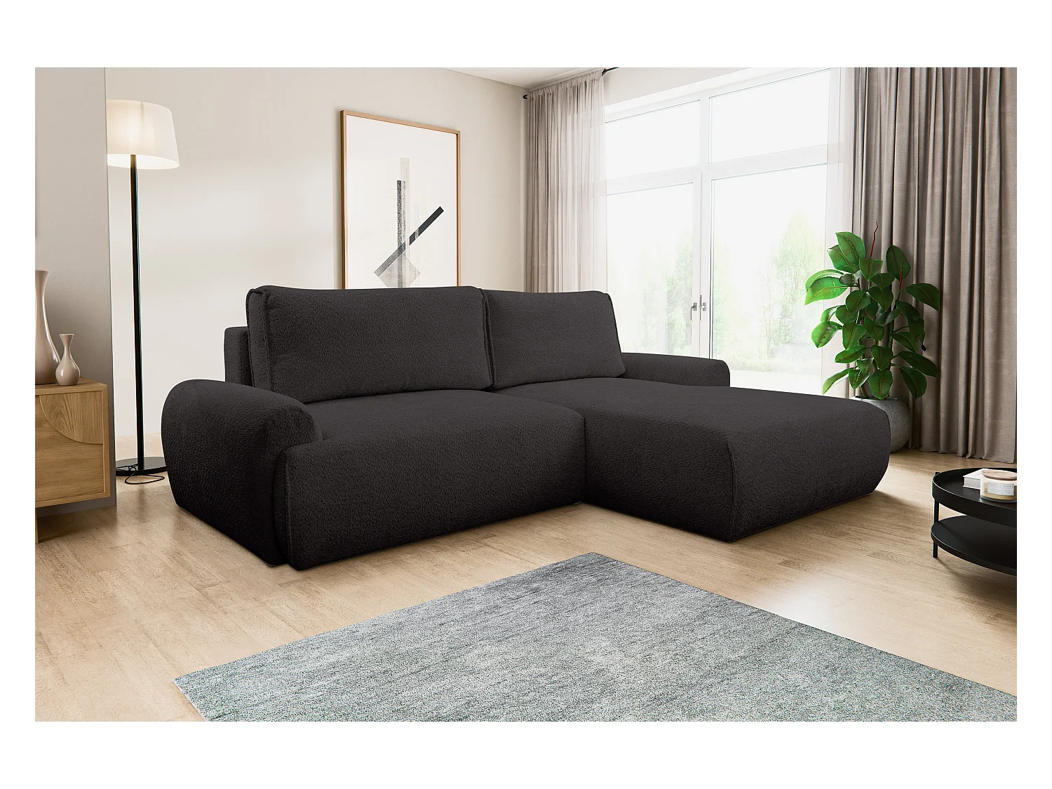 Canapé d'angle Moon avec fonction couchage et coffre de rangement, couleur : noir, tissu bouclé, pouf à droite