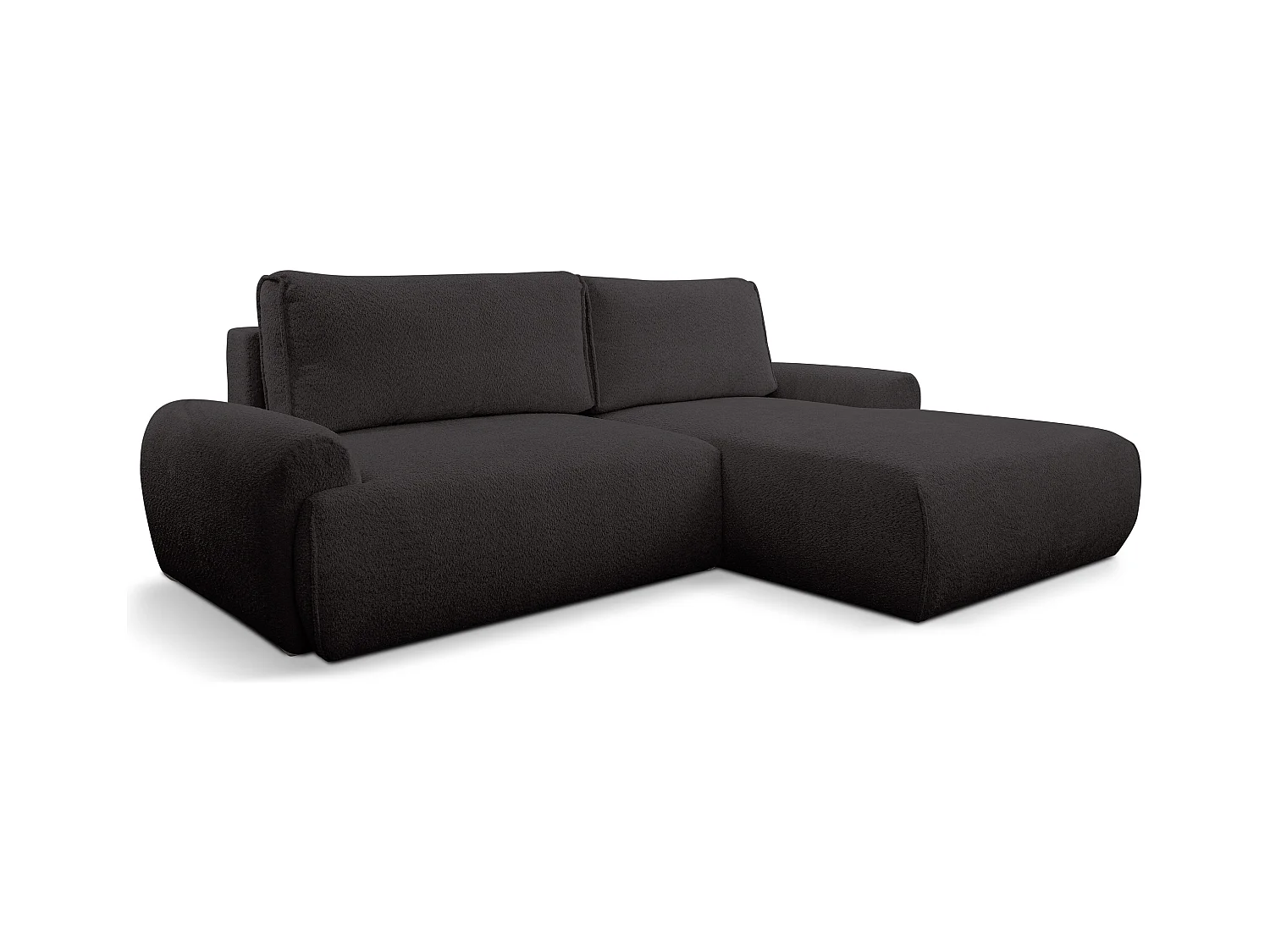 Canapé d'angle Moon avec fonction couchage et coffre de rangement, couleur : noir, tissu bouclé, pouf à droite