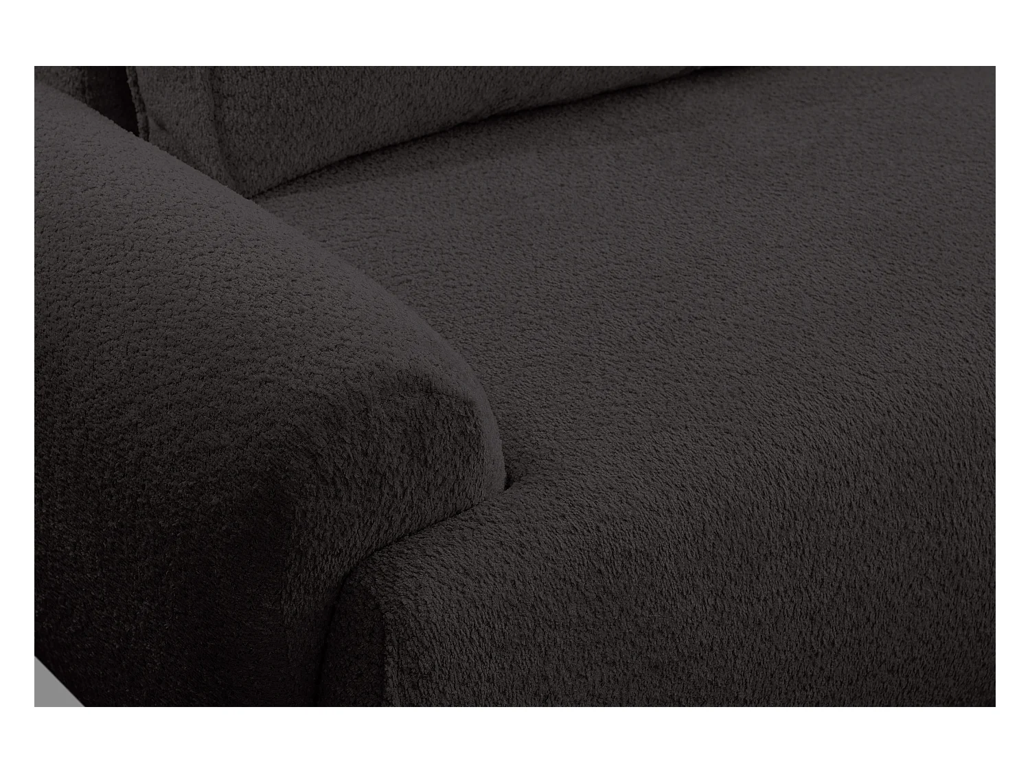 Canapé d'angle Moon avec fonction couchage et coffre de rangement, couleur : noir, tissu bouclé, pouf à droite