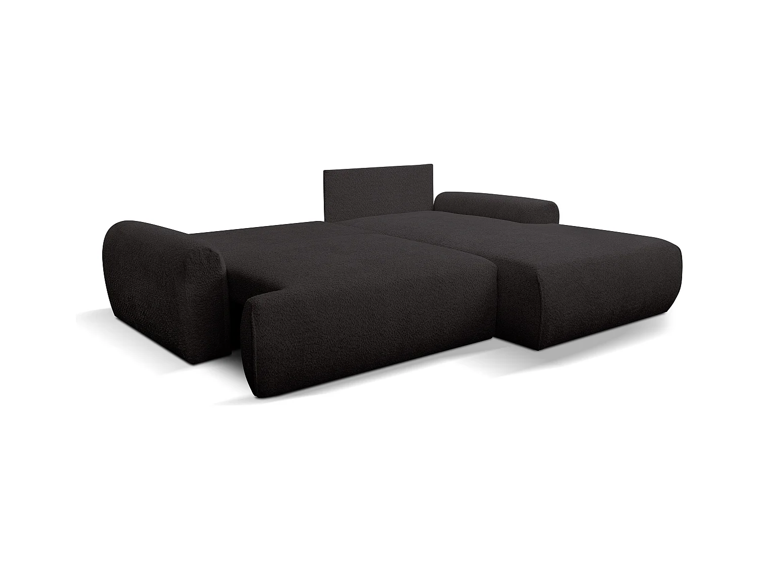 Canapé d'angle Moon avec fonction couchage et coffre de rangement, couleur : noir, tissu bouclé, pouf à droite
