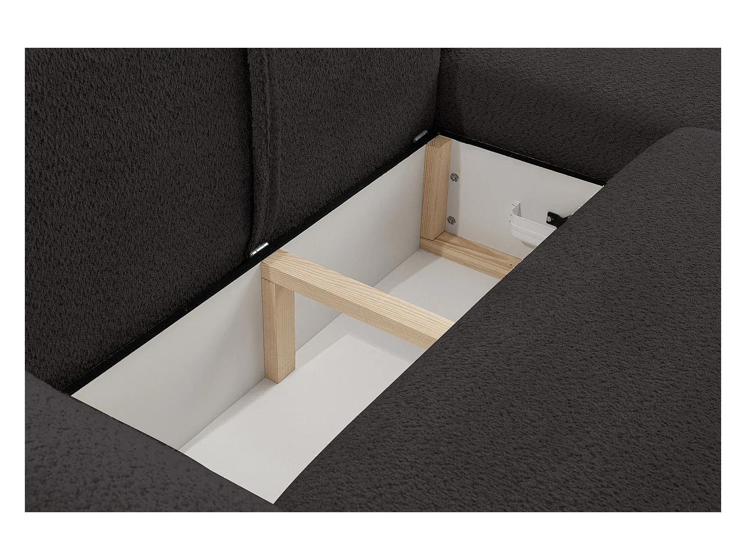 Canapé d'angle Moon avec fonction couchage et coffre de rangement, couleur : noir, tissu bouclé, pouf à droite