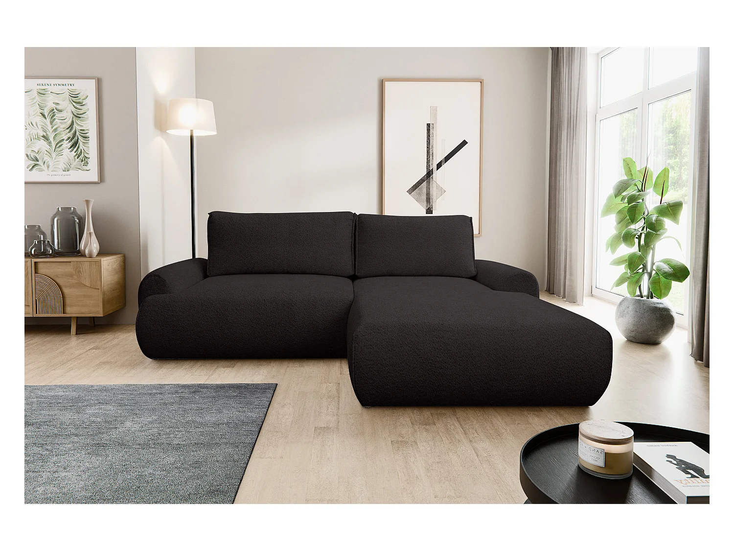 Canapé d'angle Moon avec fonction couchage et coffre de rangement, couleur : noir, tissu bouclé, pouf à droite