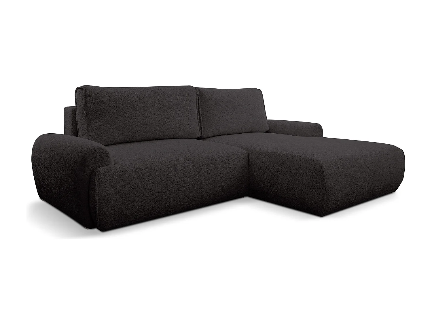 Canapé d'angle Moon avec fonction couchage et coffre de rangement, couleur : noir, tissu bouclé, pouf à droite