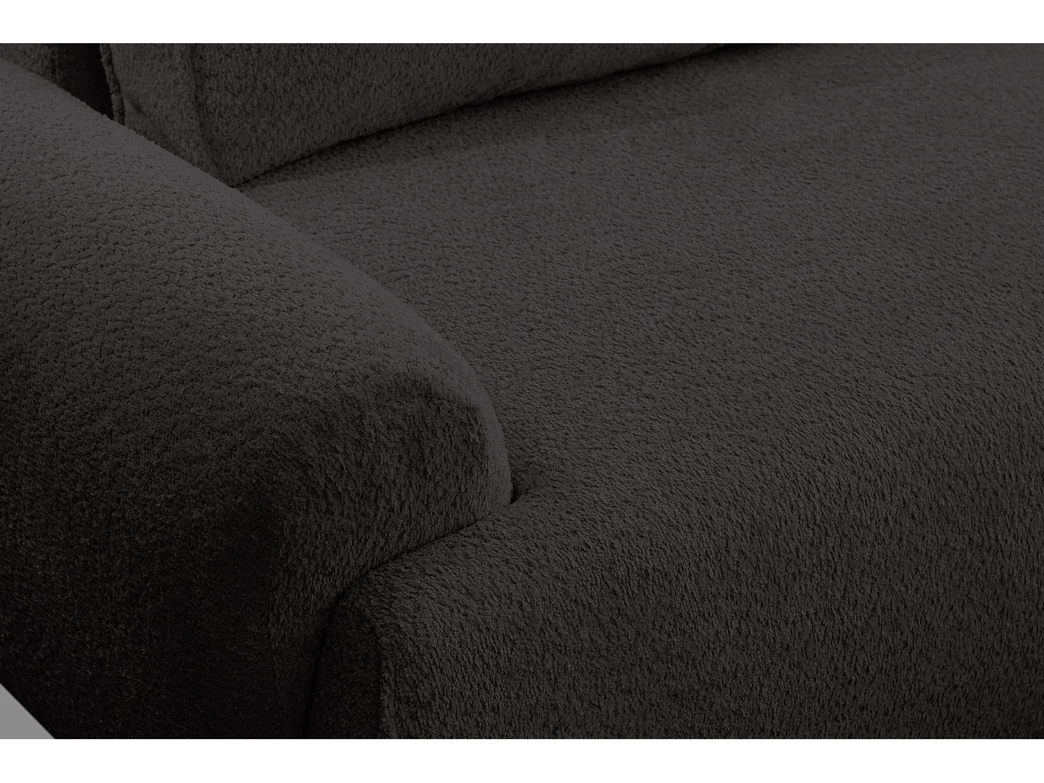 Canapé d'angle Moon avec fonction couchage et coffre de rangement, couleur : noir, tissu bouclé, pouf à droite