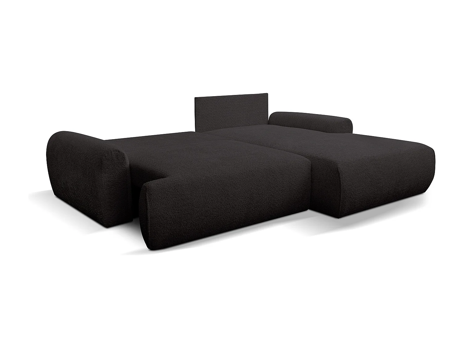 Canapé d'angle Moon avec fonction couchage et coffre de rangement, couleur : noir, tissu bouclé, pouf à droite