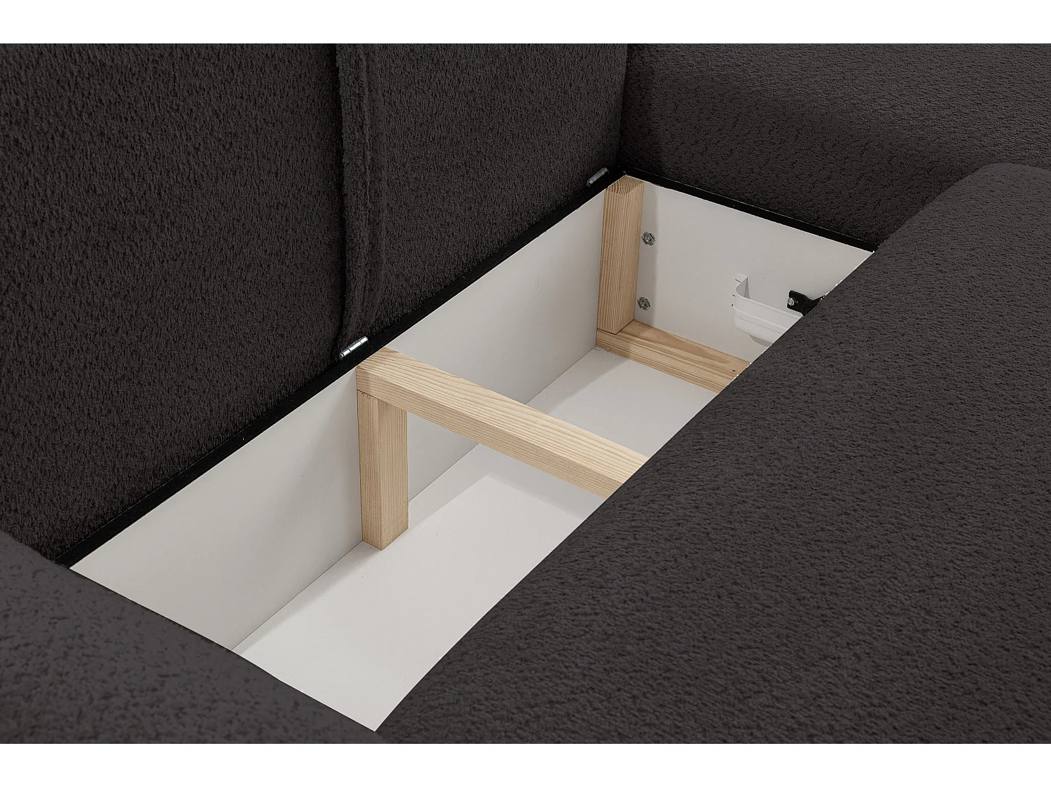 Canapé d'angle Moon avec fonction couchage et coffre de rangement, couleur : noir, tissu bouclé, pouf à droite