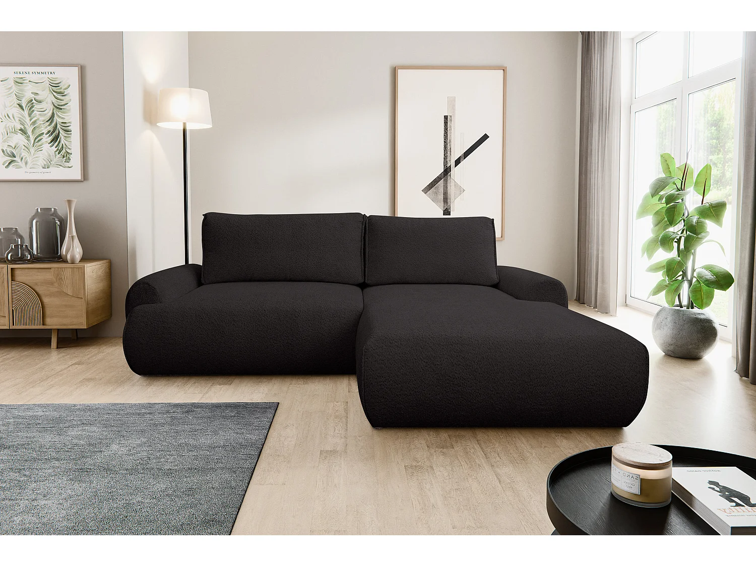 Canapé d'angle Moon avec fonction couchage et coffre de rangement, couleur : noir, tissu bouclé, pouf à droite