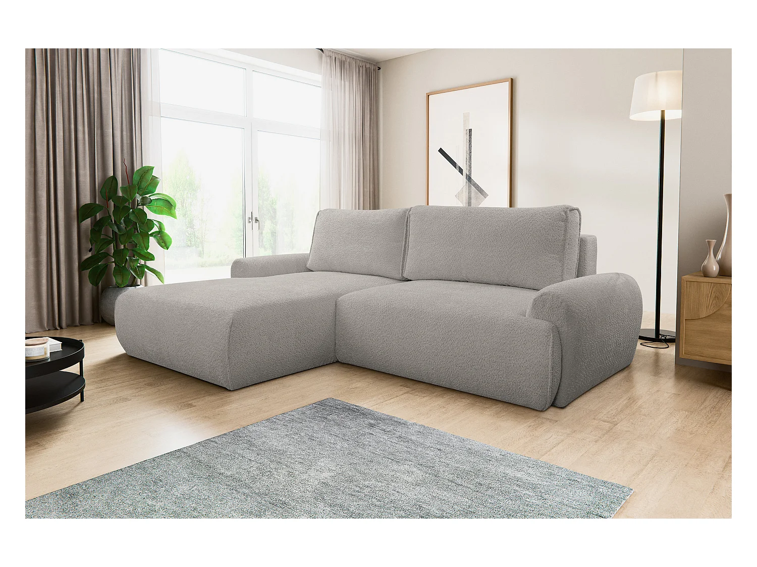 Canapé d'angle Moon avec fonction couchage et coffre de rangement, couleur : gris, tissu bouclé, pouf à gauche